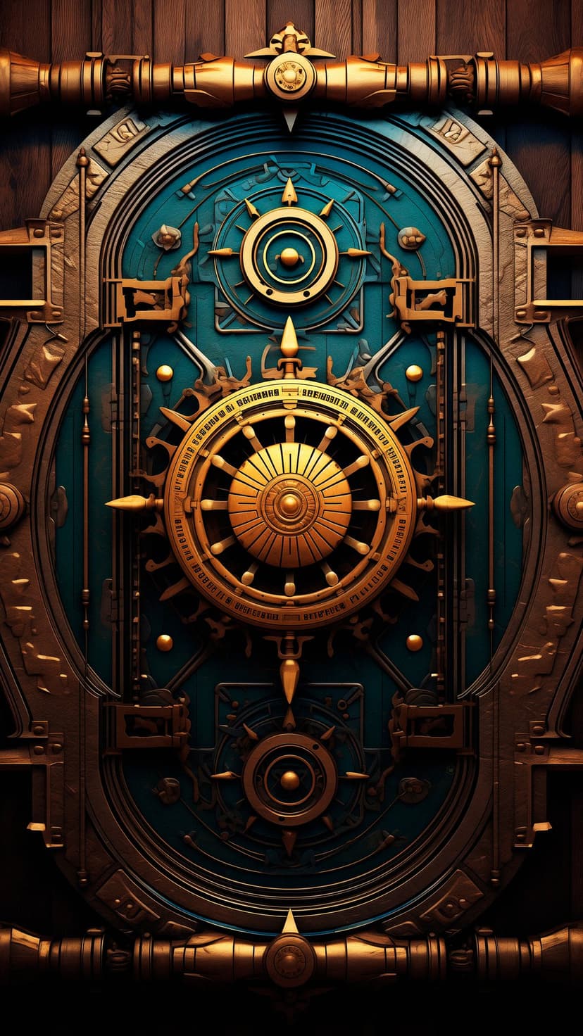 Golden mechanical wheel with spokes and brass cogs mounted on teal wood paneling in a vertical composition.