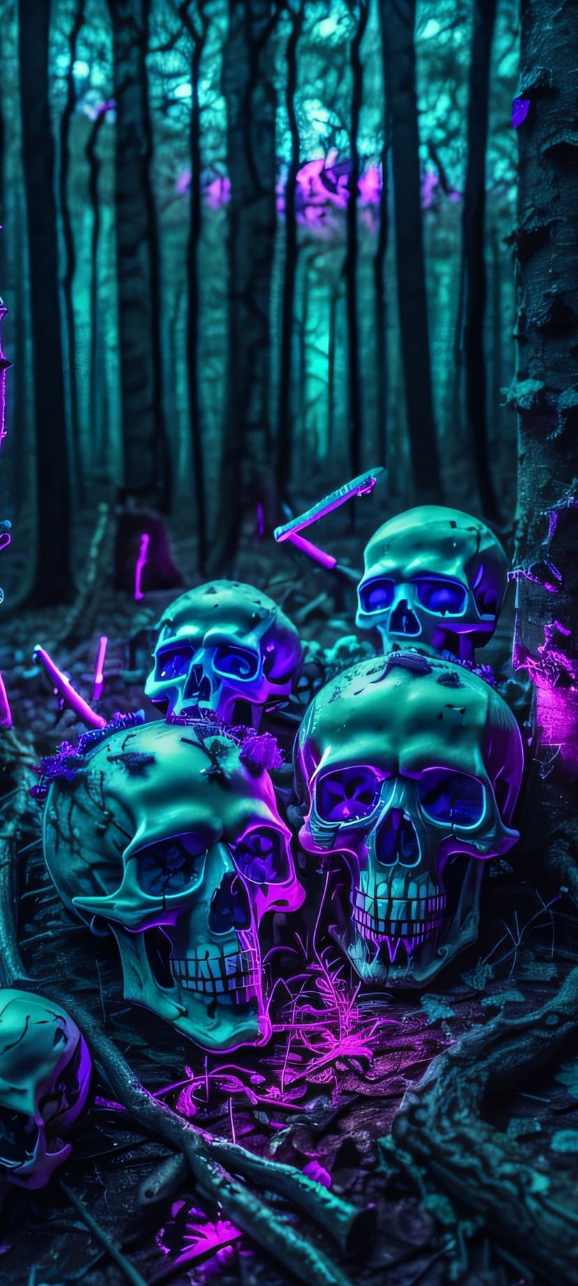 Three glowing skulls with purple and blue neon highlights sit among dark tree roots in a misty night forest.