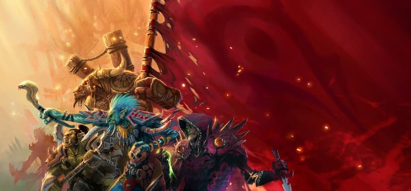Orc, Tauren, Troll, and Undead warriors stand before a huge red flag under warm, dramatic lighting.