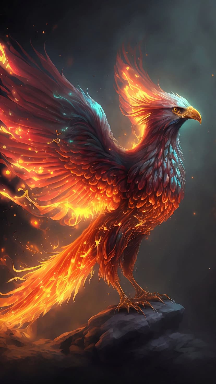 Phoenix with outstretched wings of fire perches on dark stone while surrounded by glowing embers and smoky haze.