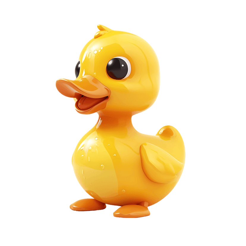 Yellow rubber duck with water droplets sits isolated on a black background, featuring a glossy 3D plastic finish.