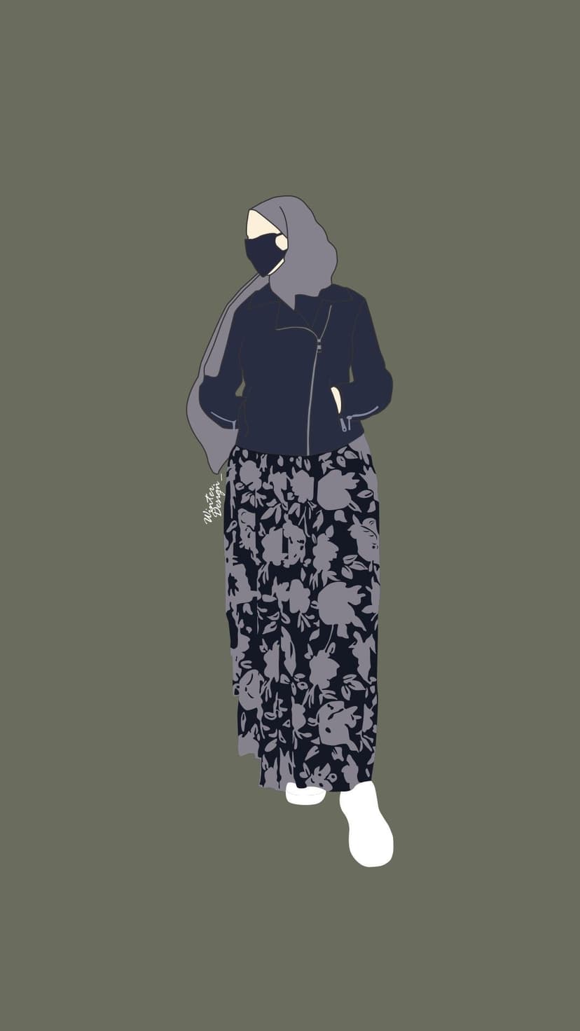 Muslim woman wearing a grey hijab, dark jacket, and long floral skirt with white shoes and a black face mask.