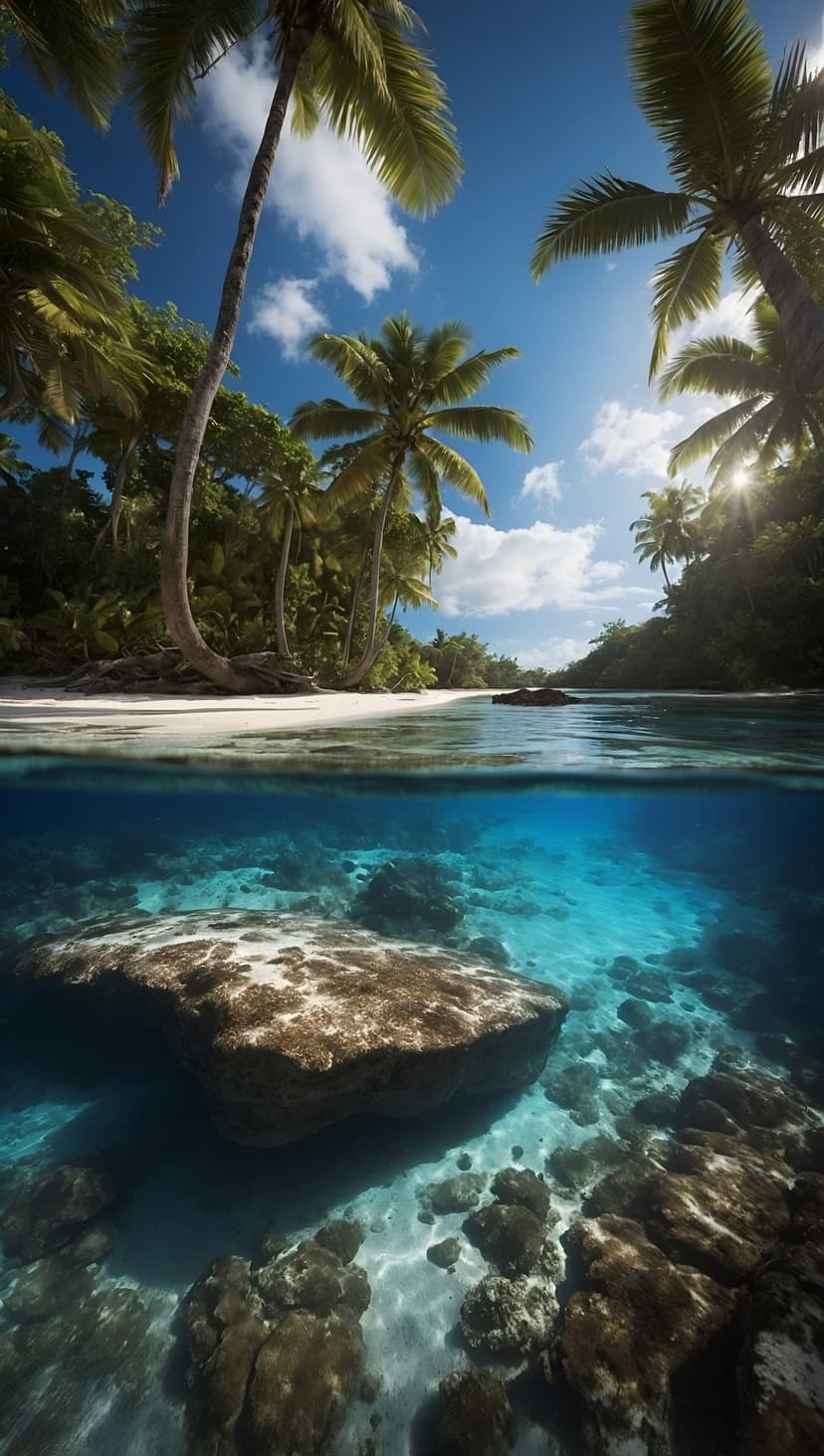 Palm trees and a blue sky sit above a turquoise ocean revealing a coral reef on the white sandy seabed.