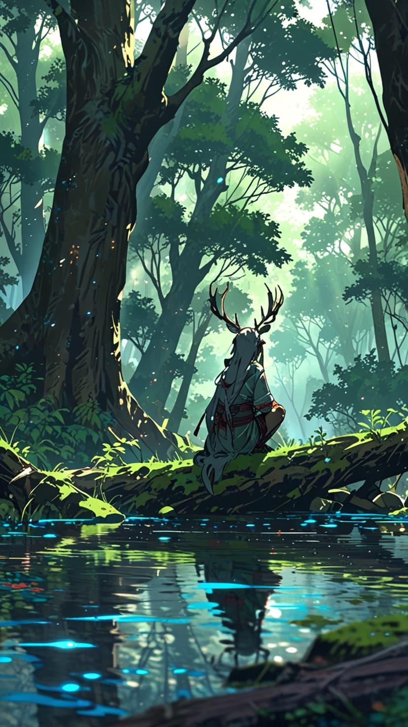 Antlered figure sits on a mossy log by a lake with glowing blue lights filtered by sunbeams in a green forest.