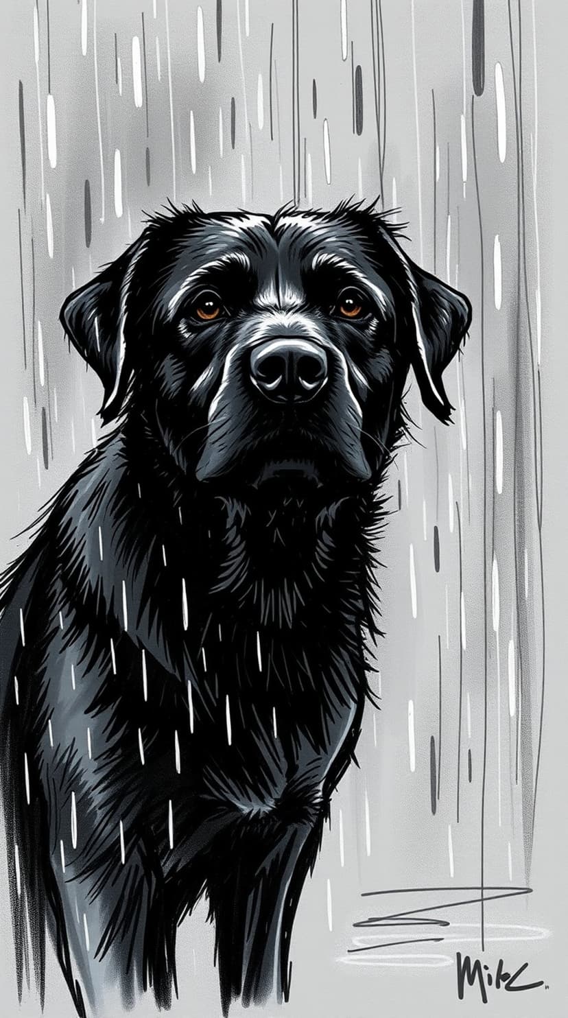 Black Labrador with wet fur and soulful eyes sits in falling rain against a textured grey background.