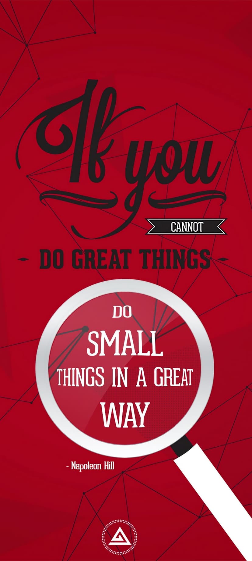 Napoleon Hill quote sits under a magnifying glass against a red backdrop with abstract geometric screen elements.