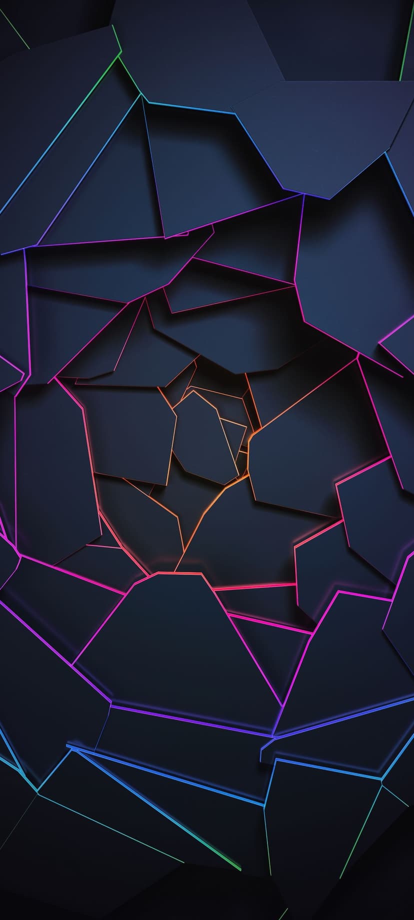 Dark angular geometric shapes outlined in glowing pink, blue, and green neon light against a black backdrop.