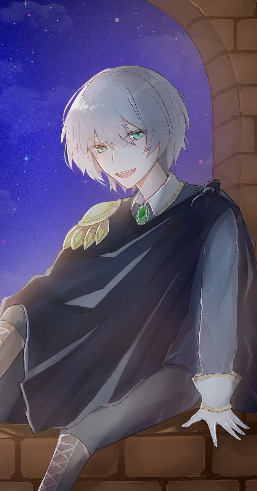 Silver haired boy with green eyes wears a dark cloak and golden epaulets while sitting under a starry night sky.