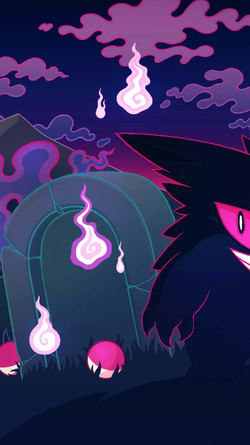 Spiky Gengar stands in a spooky graveyard with pink glowing spirits and dark purple clouds at night.