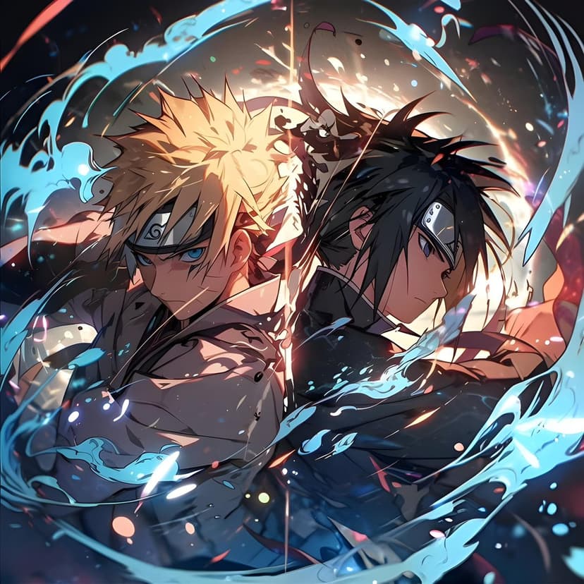 Naruto Uzumaki and Sasuke Uchiha assume combat stances while surrounded by glowing orange and blue energy arcs.