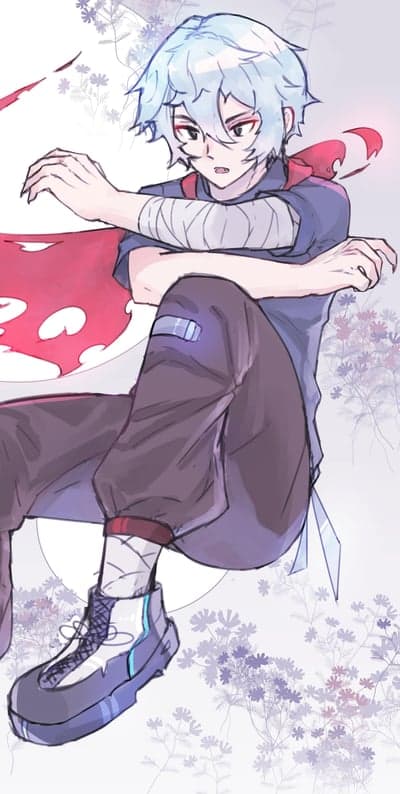 Anime boy with blue hair, red scarf, and unique shoes
