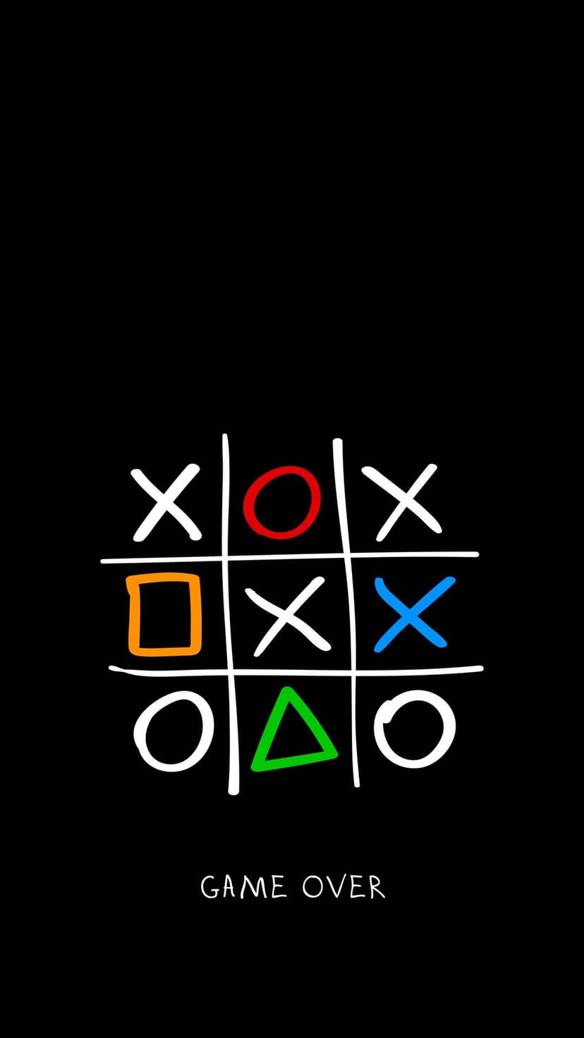 PlayStation symbols in a tic-tac-toe grid above game over text on a solid black vertical phone background.