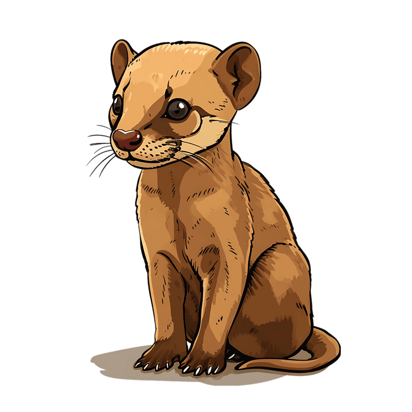 Mongoose cartoon sitting with perked ears and brown textured fur against a dark background in a painterly style.