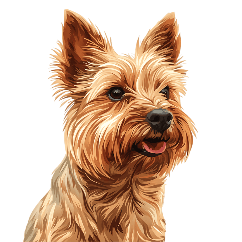 Yorkshire Terrier dog head portrait showing tan fur, dark eyes, and pink tongue on a black background.