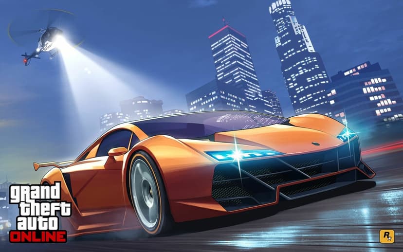Orange supercar racing through a city at night with a police helicopter spotlight shining down on it.