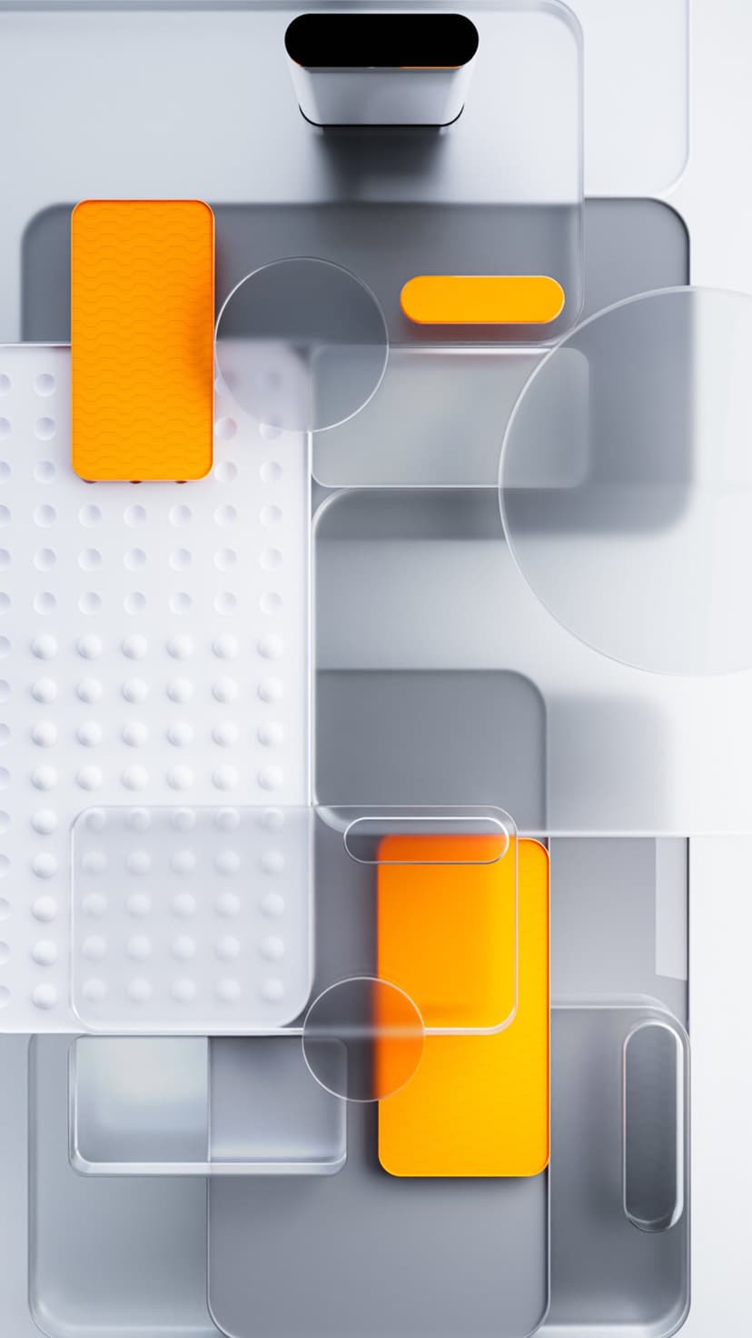 Orange rectangles and frosted translucent circles overlap against a gray background in a minimalist layout.