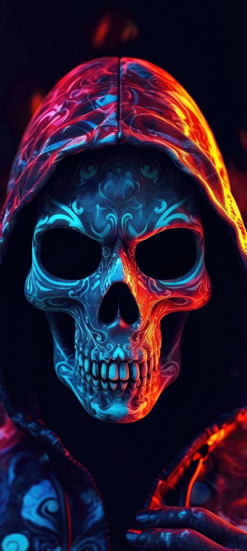 Skull with blue filigree markings wears a burning orange hooded cloak against a dark, shadowy background.