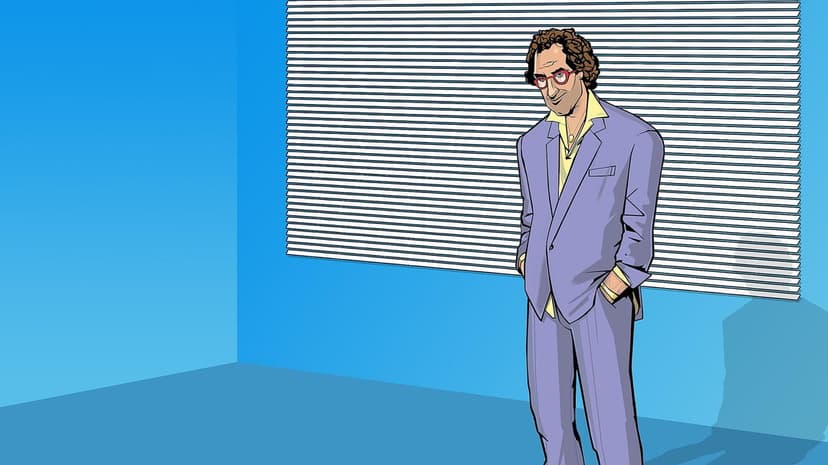 Man in a purple suit and red glasses standing before window blinds on a blue wall in a cel-shaded art style.