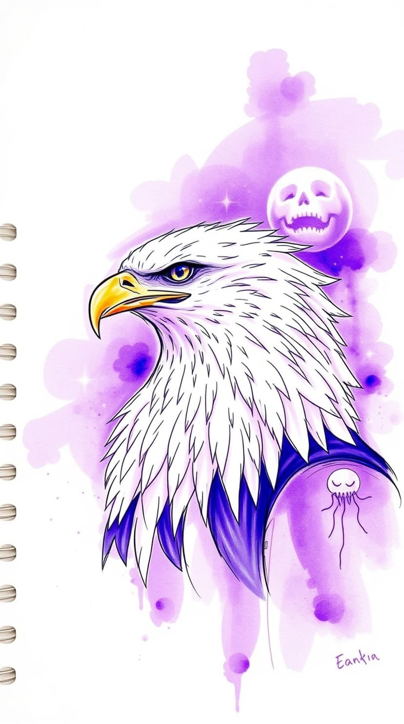 Bald eagle head in profile with a yellow beak, purple watercolor splashes, and a grinning skull-shaped moon.