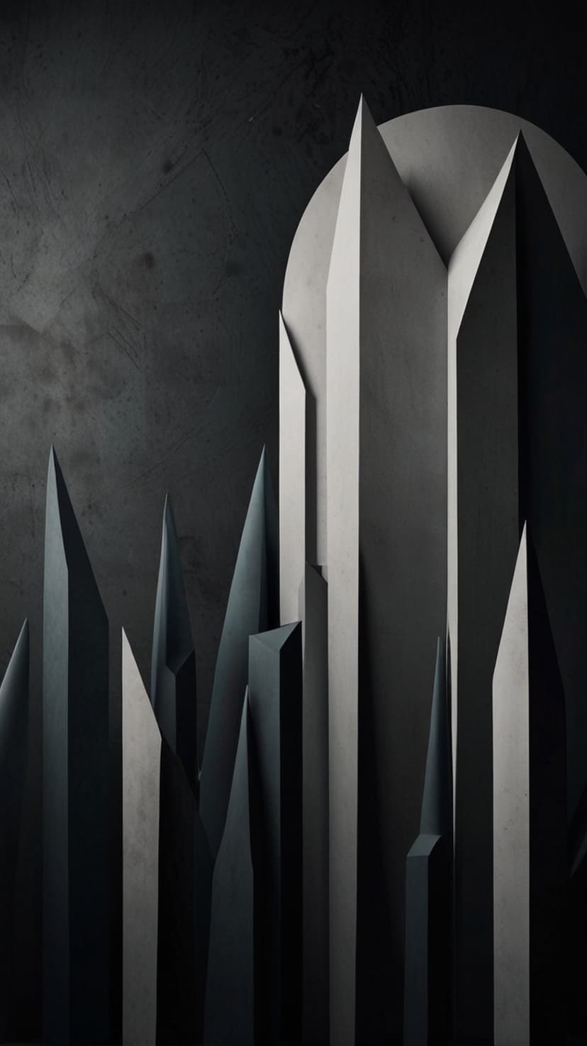 Sharp obsidian angles and curved grey surfaces intersect with deep shadows in a moody 3D sculptural arrangement.