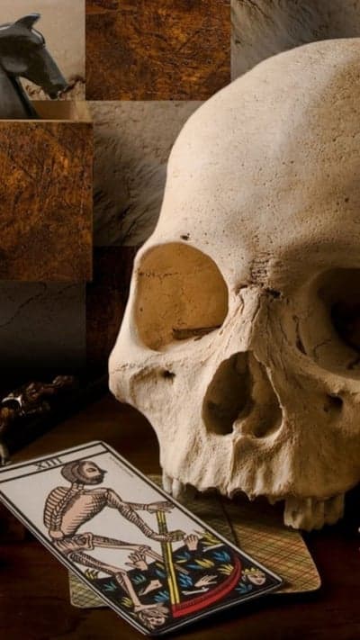 Macabre Still Life: Skull, Tarot Card, and Horse Statue