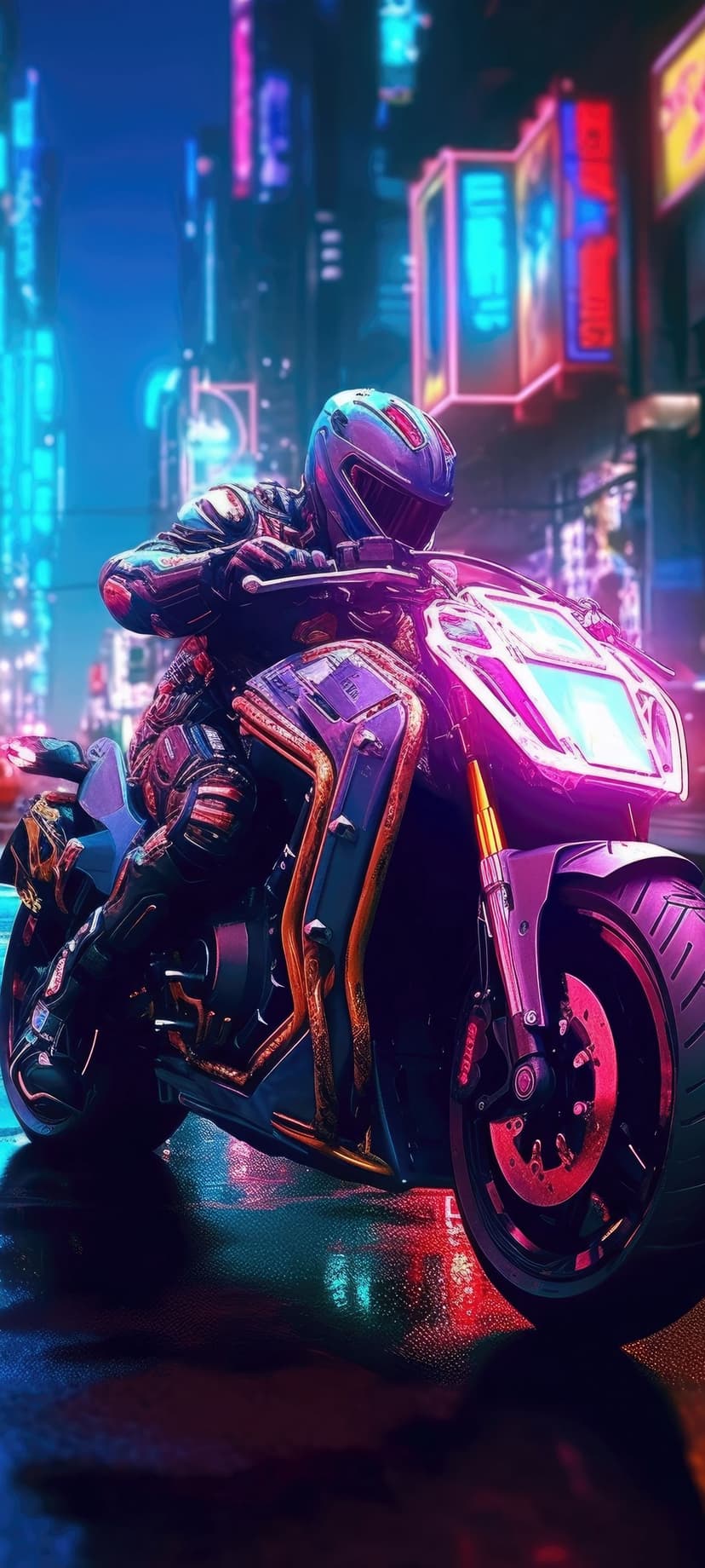 Cyberpunk biker in a sleek helmet speeds along a wet city street illuminated by vibrant pink and blue neon signs.