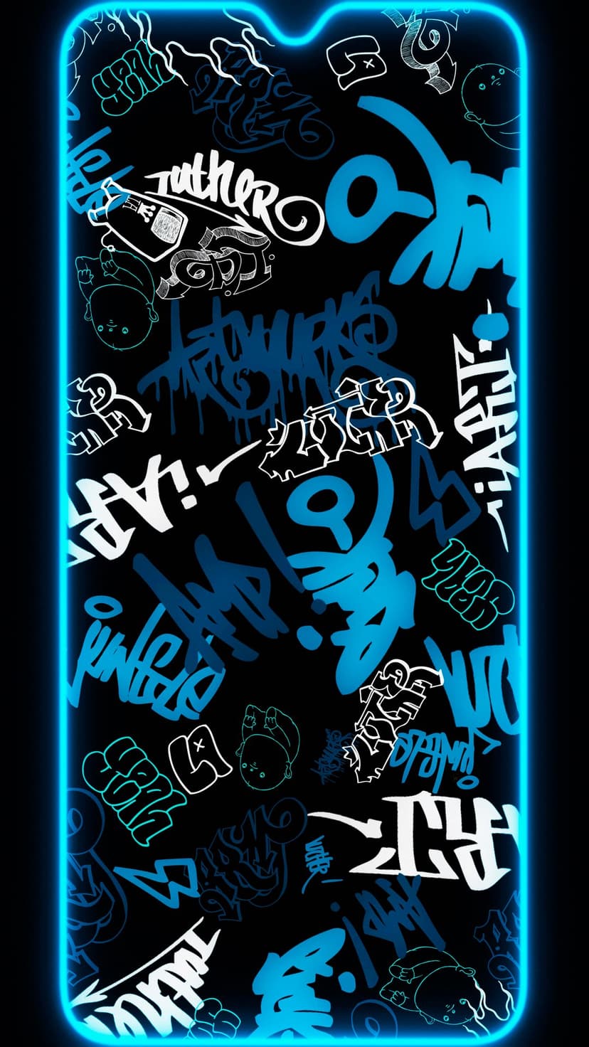 Stylized graffiti lettering in blue and green surrounded by a glowing neon frame on a solid black background.