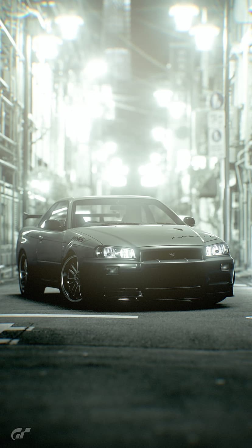 Nissan Skyline R34 GT-R reflects neon city lights on a rain-soaked asphalt street during a hazy night.