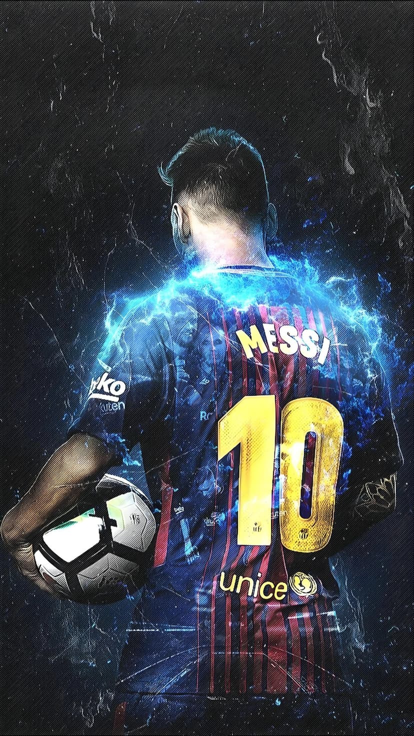 Lionel Messi holding a soccer ball with blue electric energy around his Barcelona jersey on a dark background.