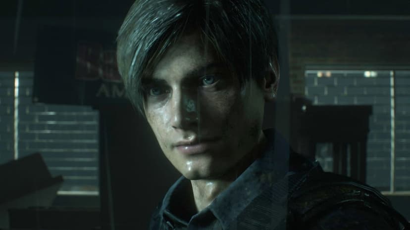 Leon Kennedy with wet hair and intense blue eyes in a dark, rainy environment from Resident Evil 2 Remake.