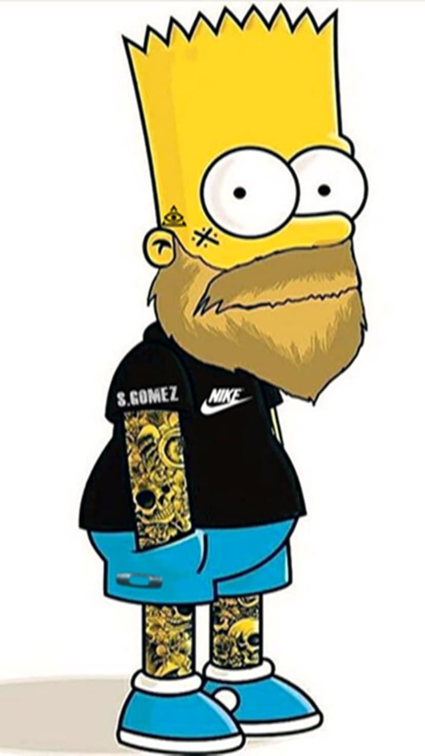 Bart Simpson with a full beard and arm tattoos wearing a black Nike hoodie and sneakers for a mobile background.