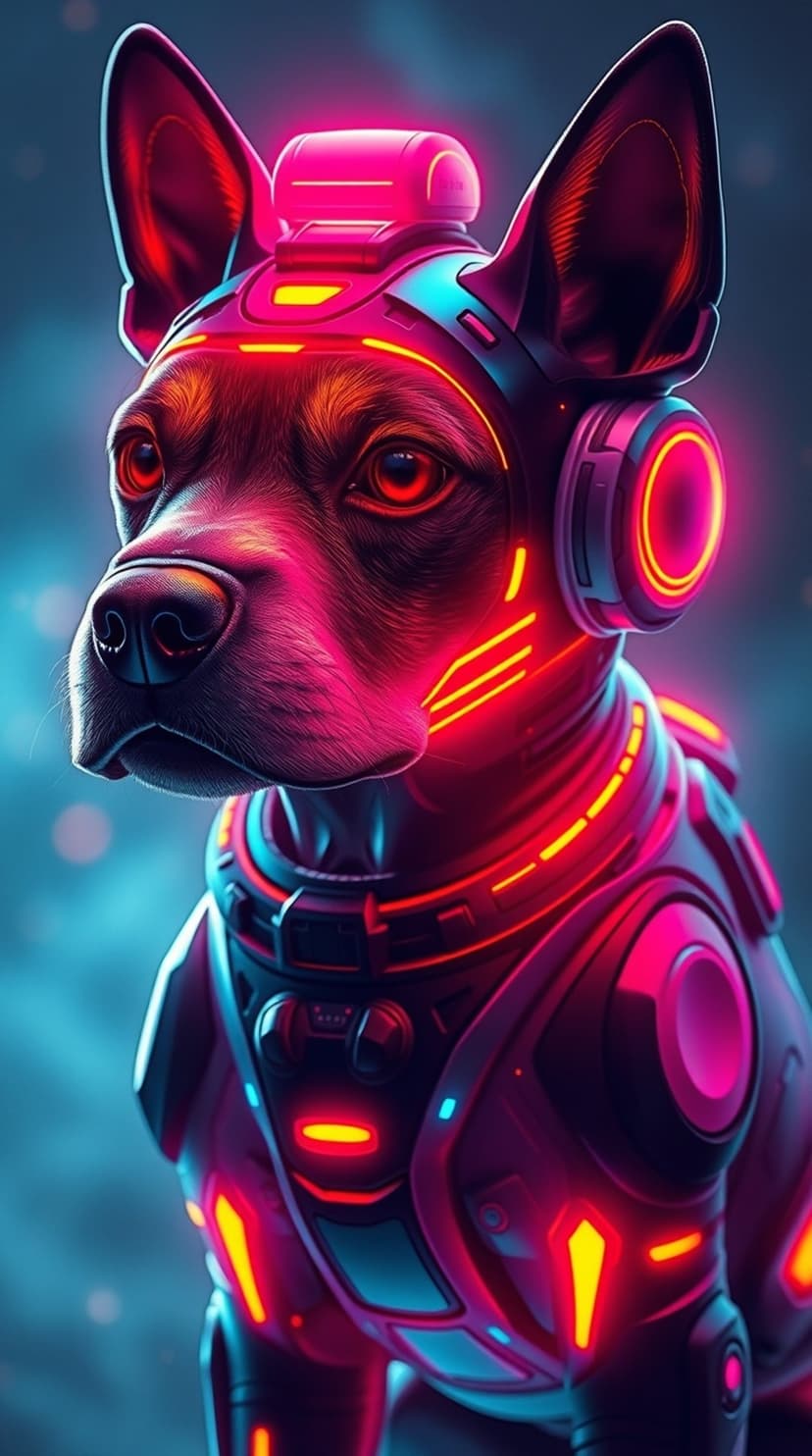 Cybernetic dog wearing glowing red and blue mechanical armor with tactical headphones in a dark sci-fi setting.