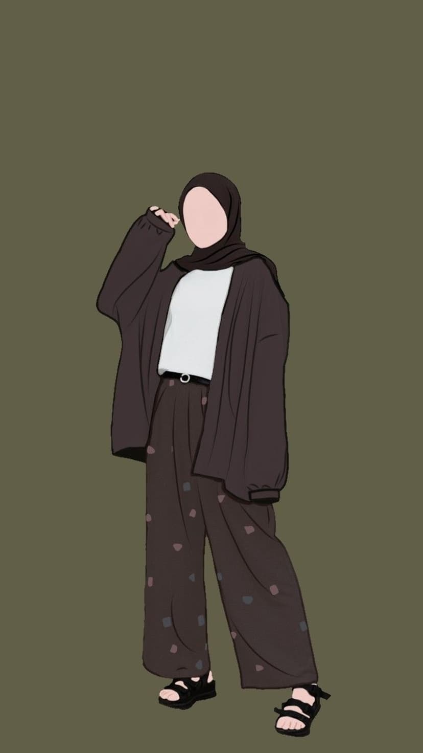 Muslim woman wearing a dark brown hijab, oversized cardigan, and patterned wide-leg pants with black sandals.