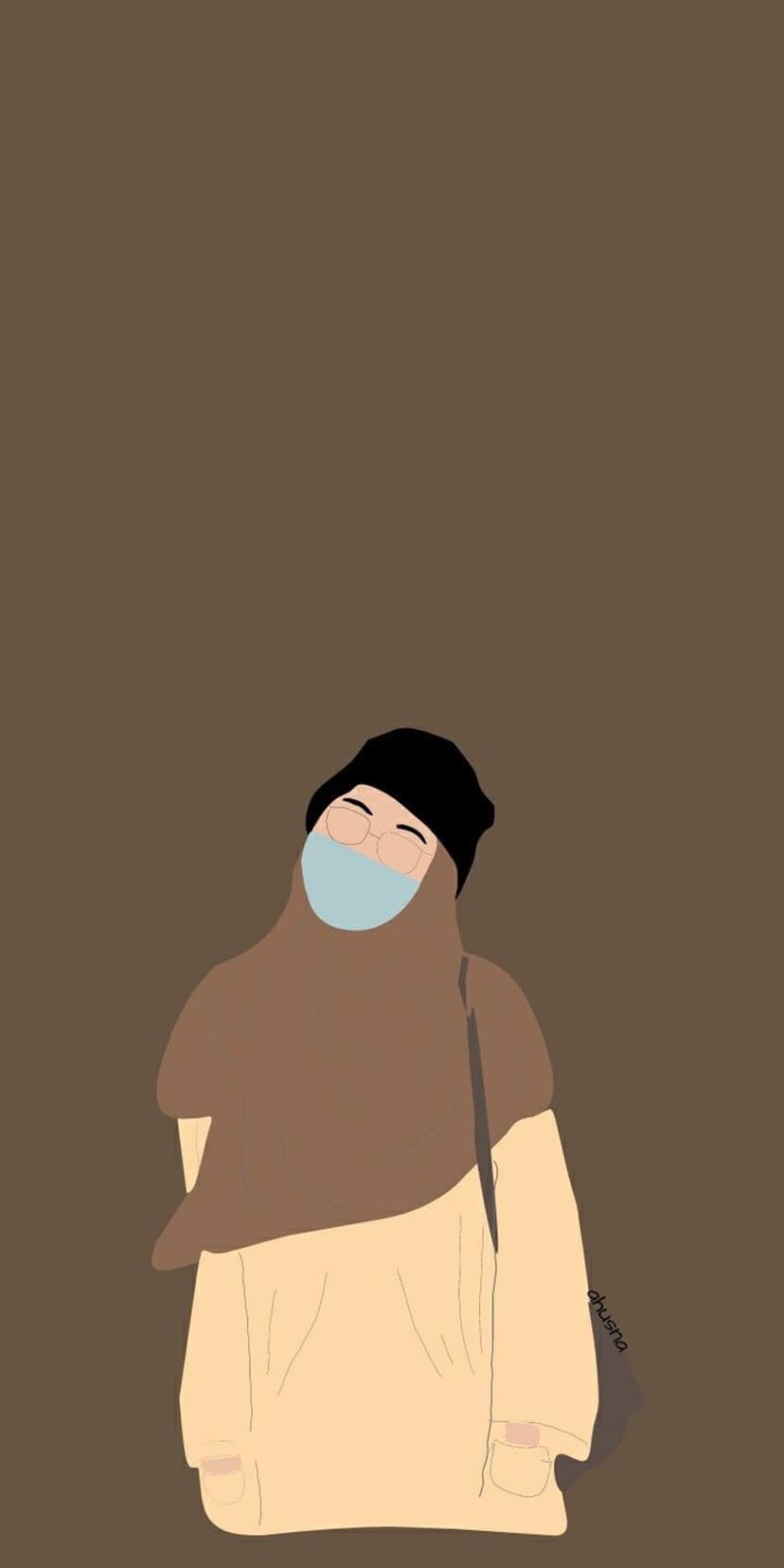 Muslim woman in a brown hijab, black beanie, and blue face mask wears a tan jacket against a solid background.