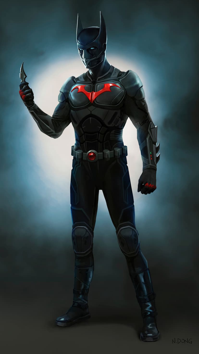 Batman Beyond in a black armored suit with a glowing red chest symbol holds a sharp batarang against blue smoke.