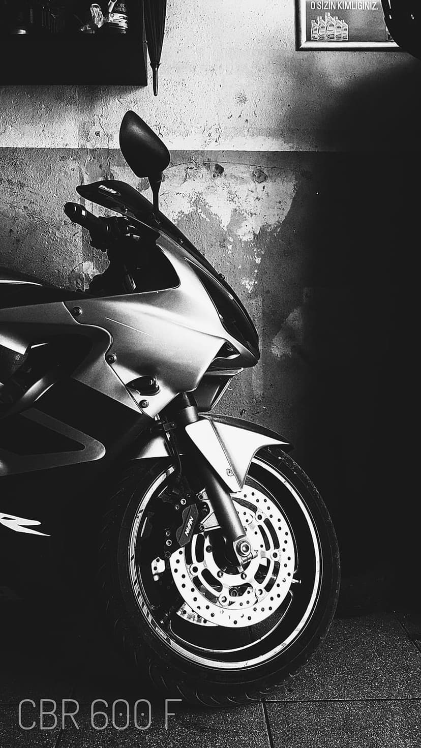 Honda CBR 600 F front wheel and disc brake against a textured wall in a high-contrast monochrome portrait.