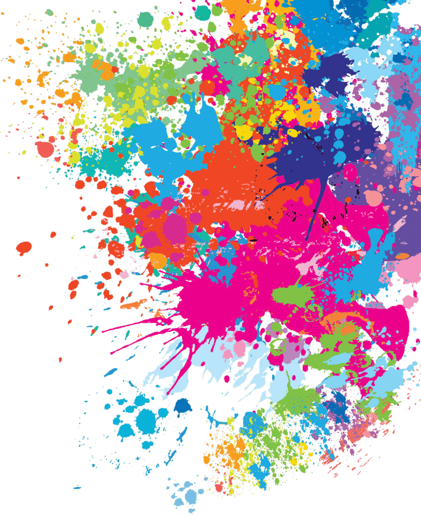 Multicolored splash pattern displays vibrant watercolor paint drops and ink splatters on a white textured surface.