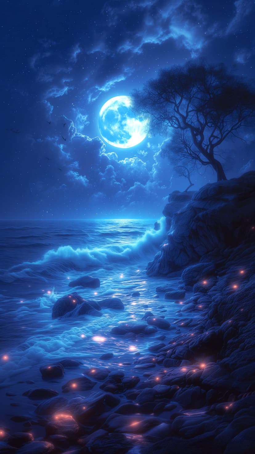 A luminous full moon hangs above a rocky coastline where glowing orange spheres rest among dark stones and a lone tree.