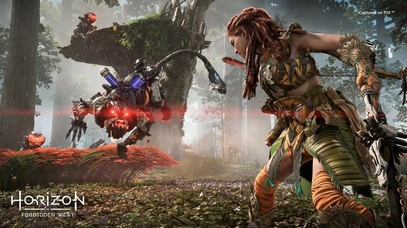 Aloy in tribal armor faces a mechanical creature with glowing red eyes in a dense, sunlit prehistoric forest.