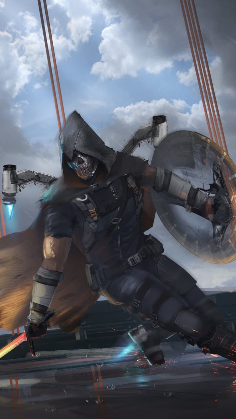 Masked warrior with a red energy sword and shield jumping through a cloudy industrial sky with mechanical arms.