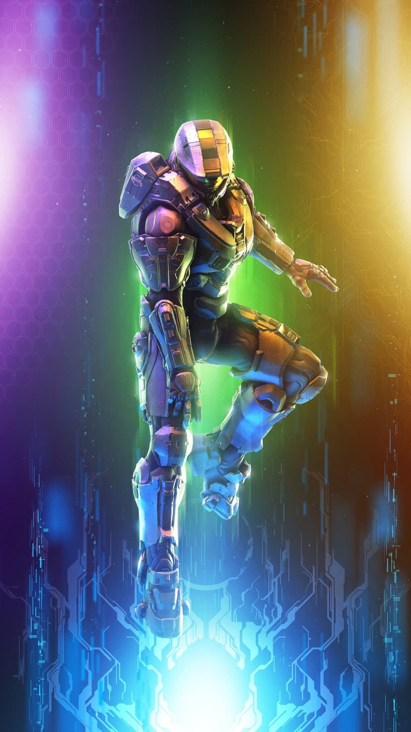 Armored futuristic soldier floating in a digital void with vibrant purple, green, and yellow lighting effects.