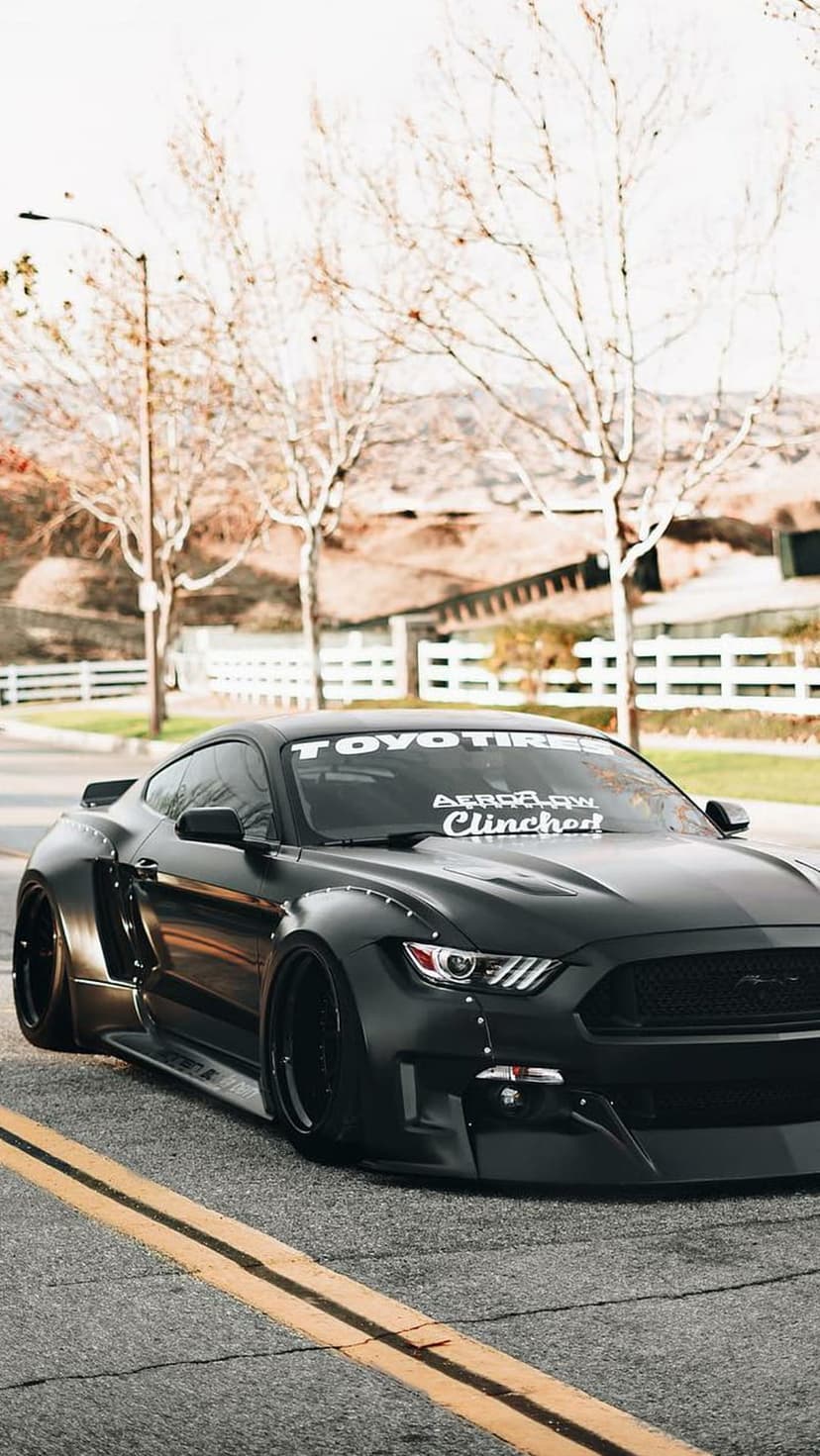 Matte black Ford Mustang widebody with Toyo Tires parked on a paved road near bare trees and a white fence.