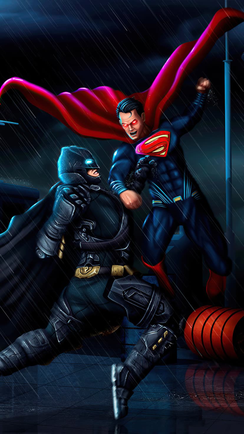 Superman with glowing red eyes lunges at Batman in heavy armor on a rain-slicked Gotham City street at night.