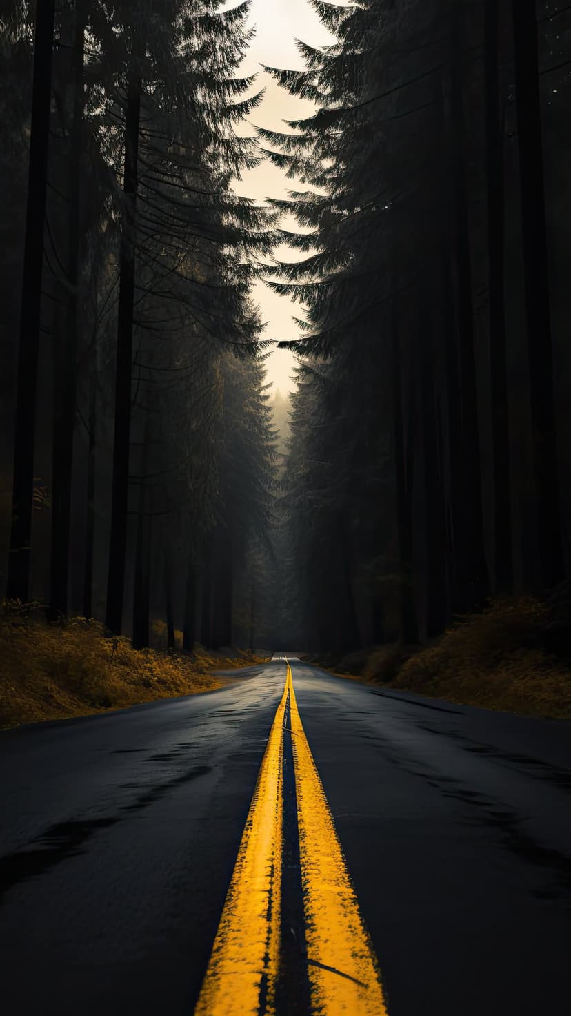 Wet asphalt road with double yellow lines disappears into a dark, foggy pine forest under a hazy, overcast sky.