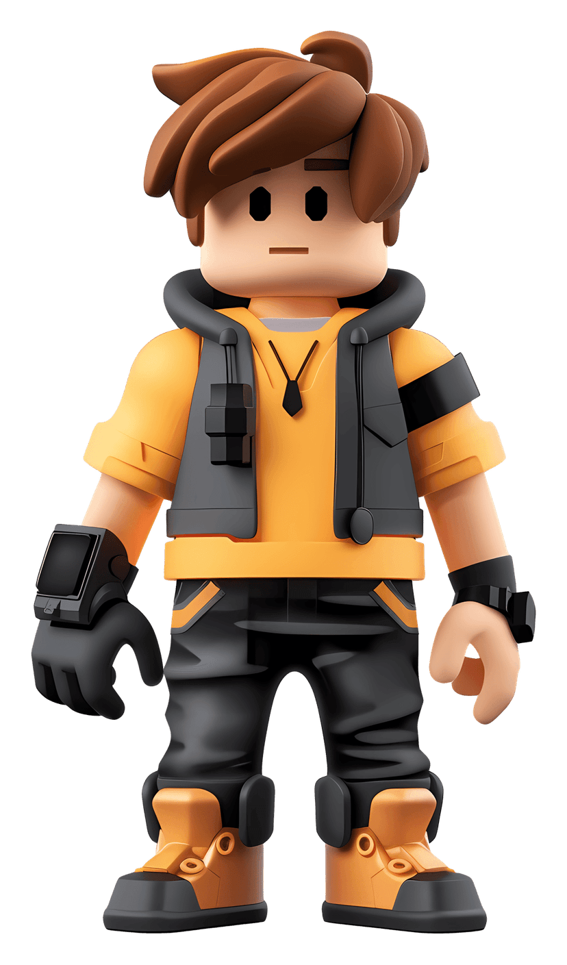 Roblox avatar featuring a yellow boy character with 3D blocky limbs and a matte plastic finish on transparent.