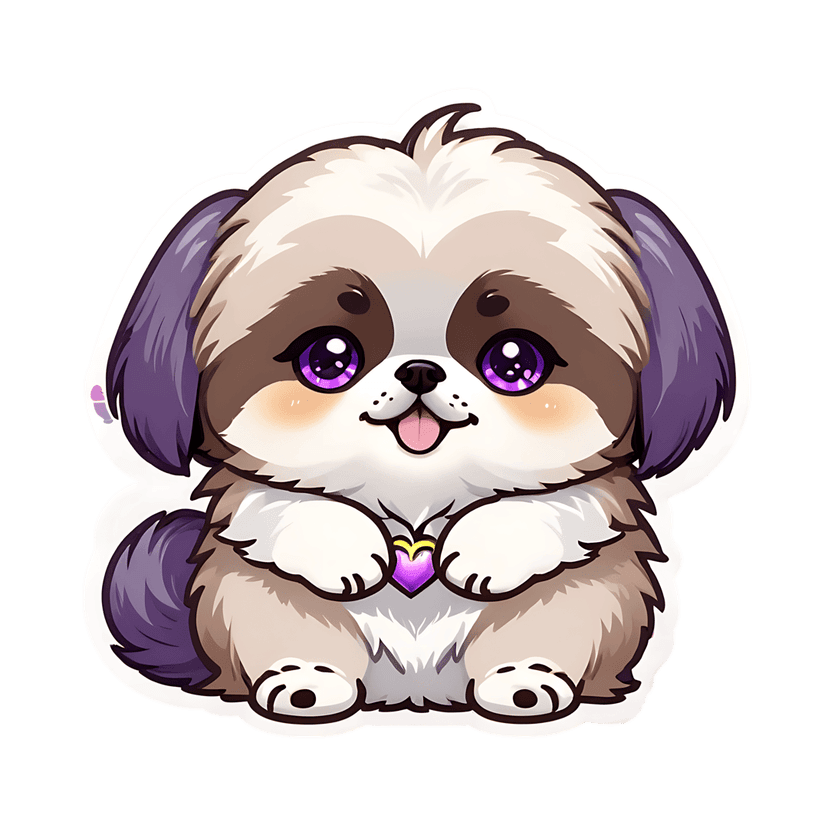 White shih tzu puppy sticker with purple ears and eyes holding a glowing heart pendant on a white border.