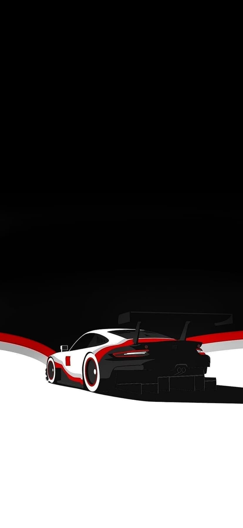White race car with red stripes shown from a low angle against a black background with curved graphic lines.