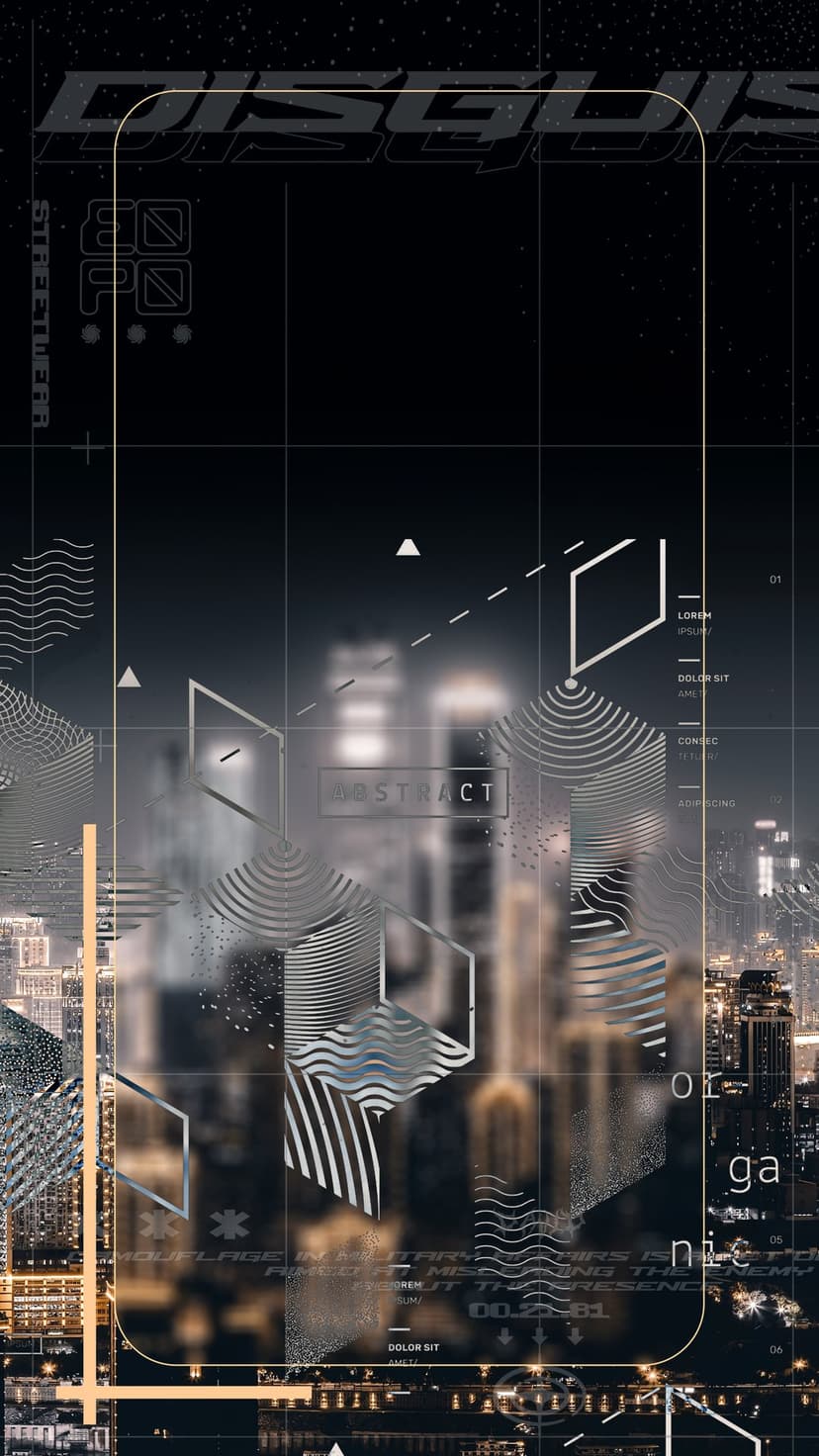 Futuristic city skyline silhouettes layered with glowing metallic grid lines and flowing abstract wave graphics.