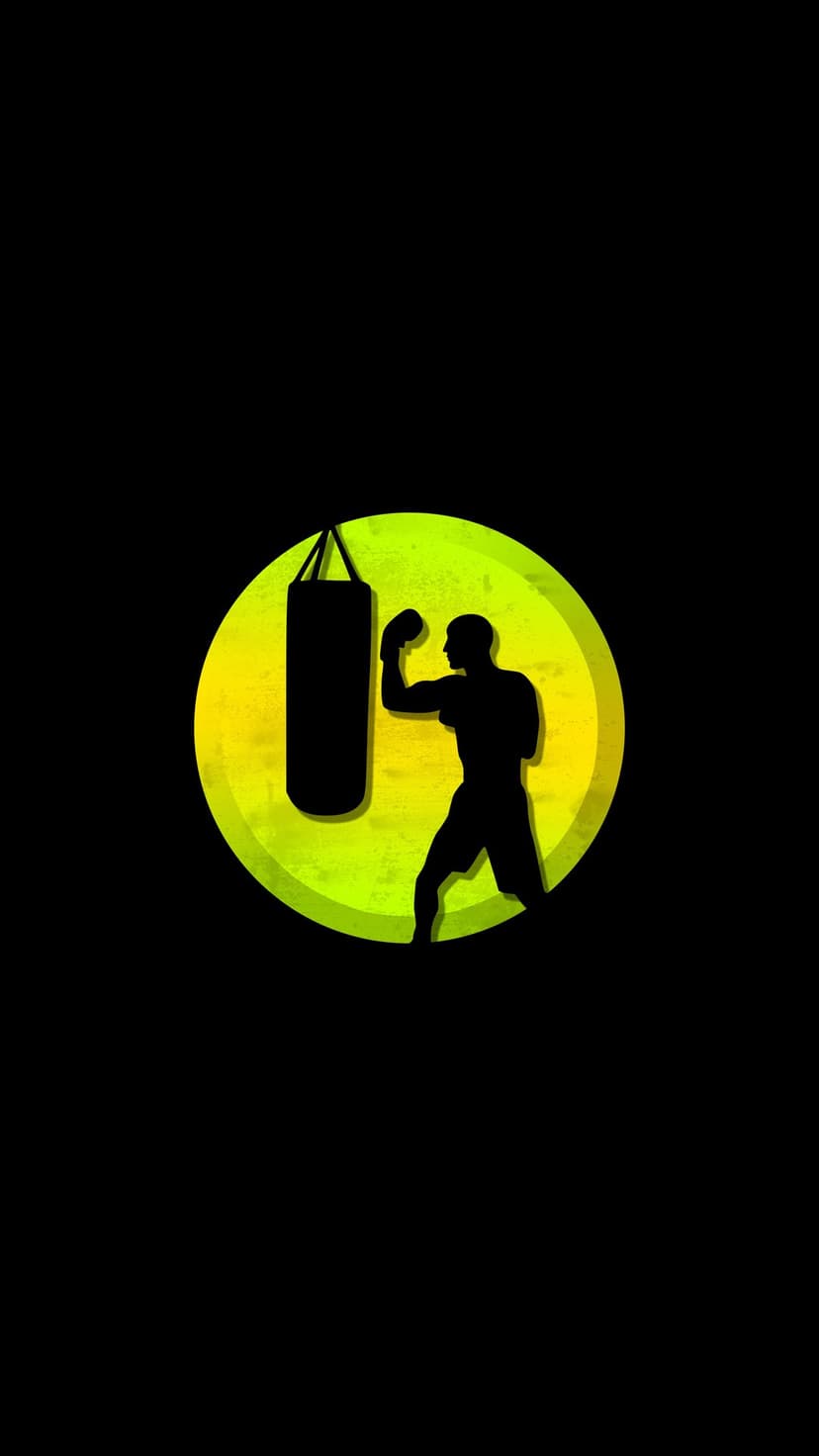 Boxer silhouette training with a punching bag inside a textured neon yellow circle on a black background.