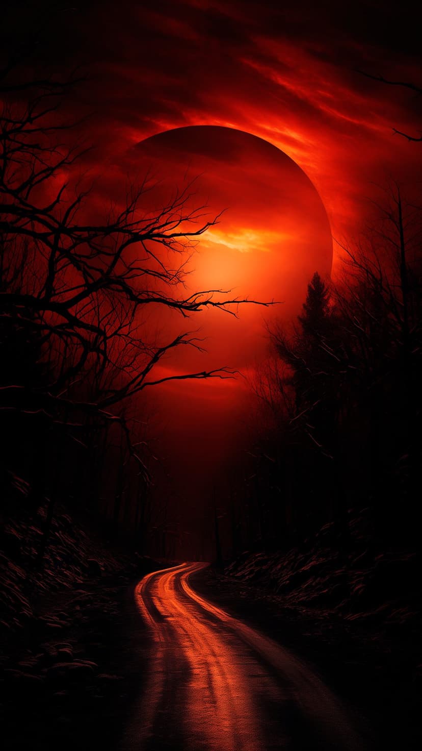 Crimson eclipse dominates a red cloudy sky above a wet forest road lined with silhouetted bare trees.